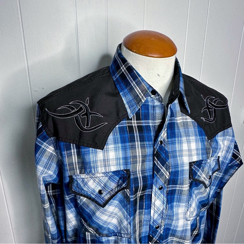 Ely Cattleman Blue Plaid Western Shirt w/ Silver Shimmer